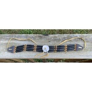 Regalia Style Horn Hairpipe Choker Brass Beads Abalone Concho Leather